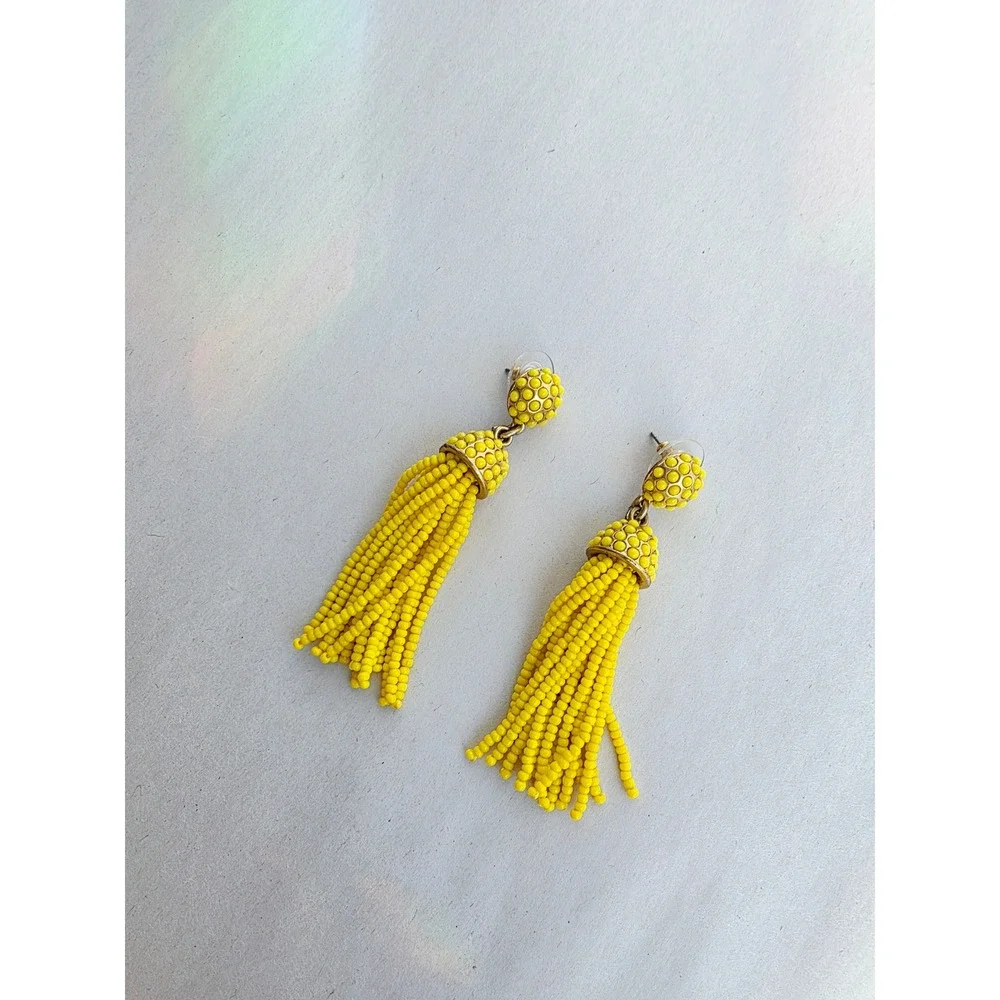 J.Crew Yellow Beaded Tassel Statement Earrings Gold Tone Post Back
